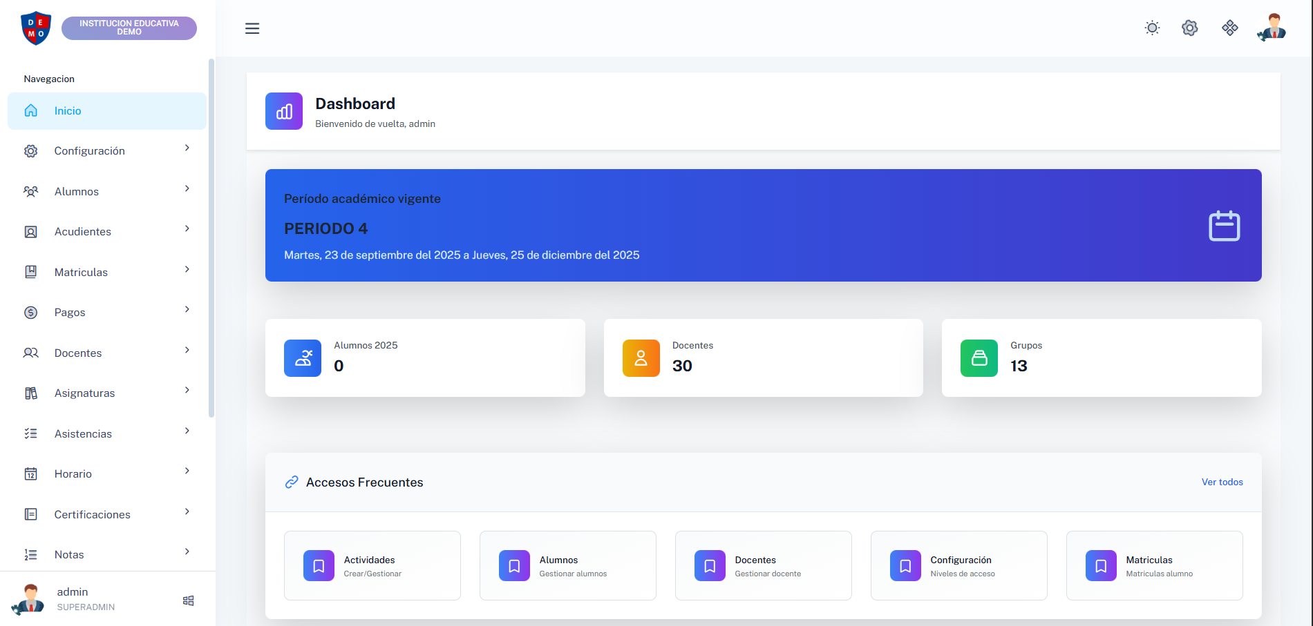 Pantalla del sistema Academia